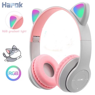 Hapok Bluetooth Headset Headphones Headphone With Microphone Earphone Cat Ear Headphone LED Light