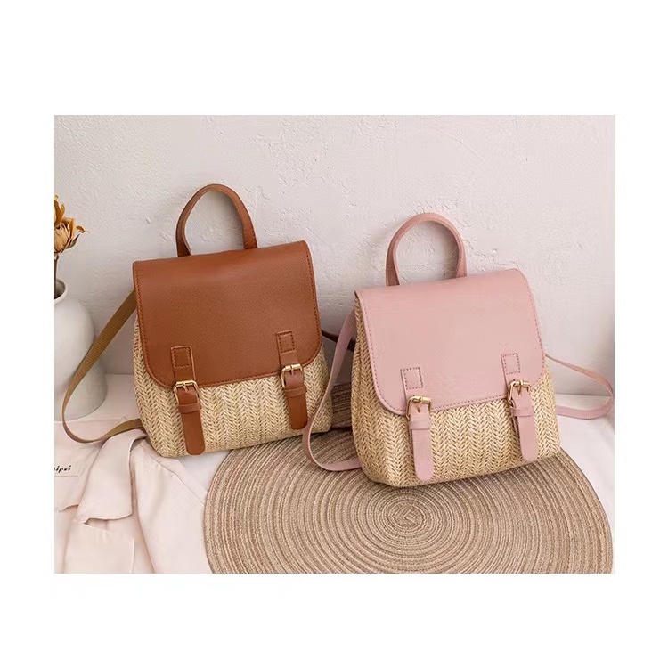 Vintage Straw Backpack Women's Fashion Shoulder Bag Versatile Straw