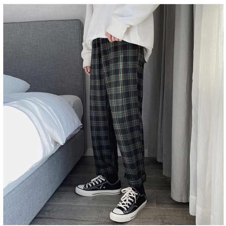 Men Korean Green Plaid Casual Pants 2020 Mens Streetwear Harem Pants ...