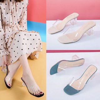 2023 New Women's Sandals and Slippers Transparent Thick Heel Slippers Wild Transparent with Slippers