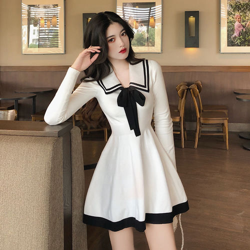 white dress women summer Long sleeve tie Navy collar Draw back Korean Dress  casual dress | Shopee Philippines