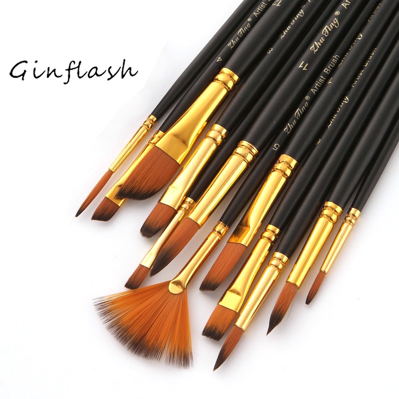 Ginflash 12pcs Nylon Hair Paint Brush Gouache Watercolor Oil Acrylic ...