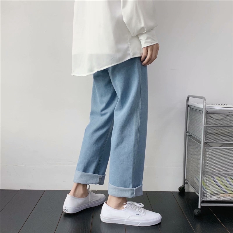M 3xl Korean Style All Match Light Blue Jeans Men Comfortable Wear Resistant Loose Straight Leg Denim Pants Youth Popular Student Nine Points Pants Shopee Philippines