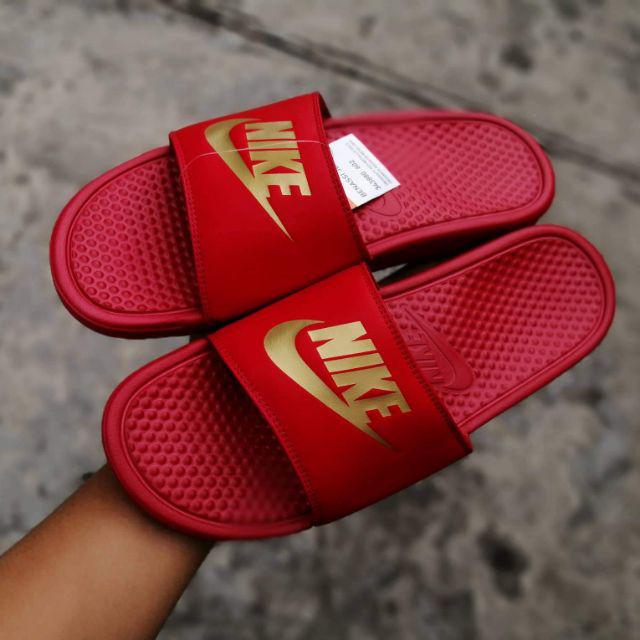 nike sandals red and gold