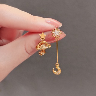 [Jiuduolan] 18K Gold Ladies Earrings, Asymmetrical Star Moon Clip-On Long Stud 925 Silver Needle Elegant Zircon Earrings
