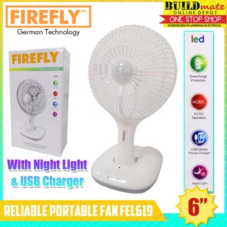 FIREFLY 6" Reliable Rechargeable Portable Fan with LED Night Light