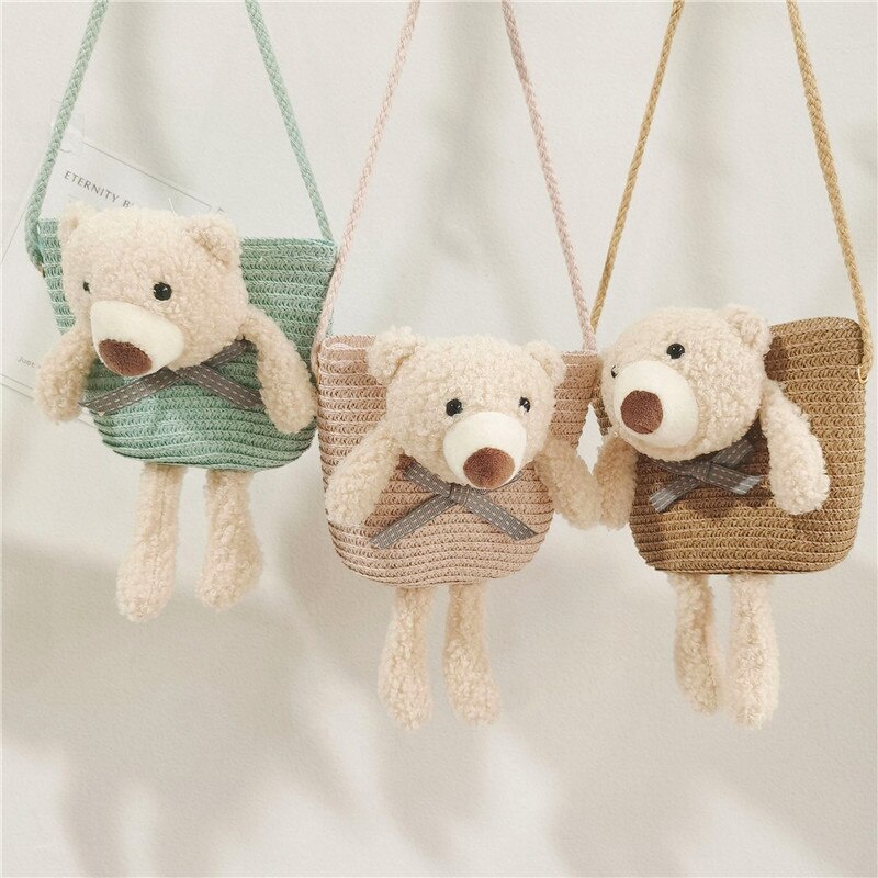 Cute Bear Baby Girl Shoulder Bags Straw Children Messenger Bag Kids