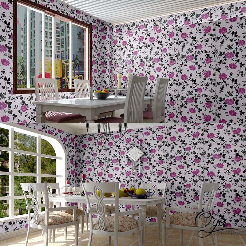 【Ready Stock】┇OYA Wallpaper pink flower with black leaves home wall sticker for room design selfadhe