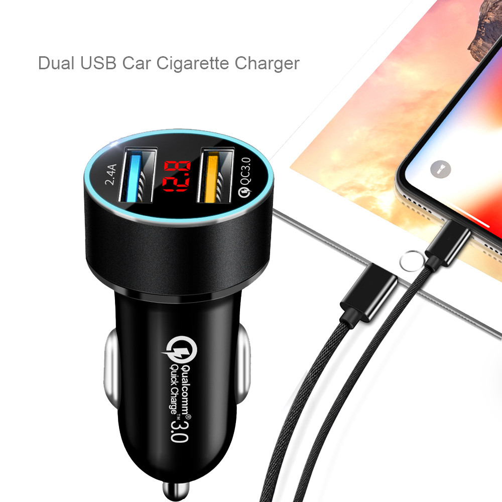 QC3.0 2.4A Dual USB Car Charger LCD Display DC 12V24V Auto Fast