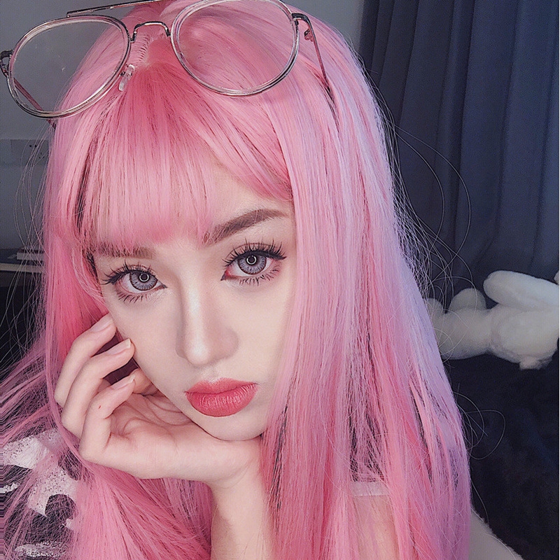 Wig Women Grow Straight Hair Pink Air Bangs Orange Straight