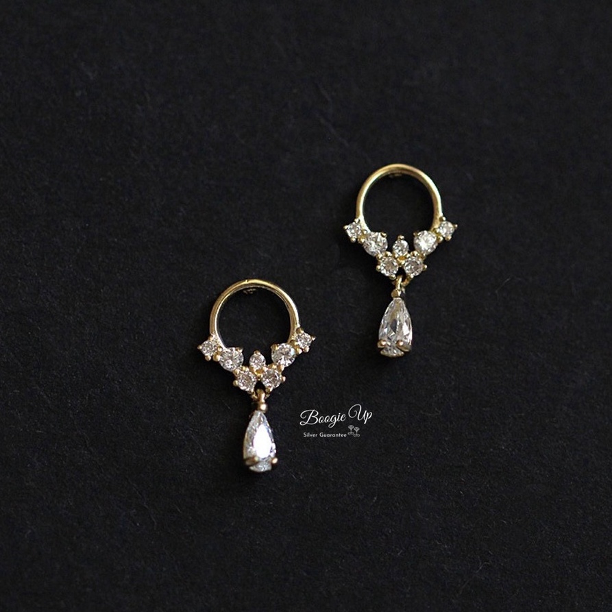 14K Gold Collection S925 Silver Stud Earrings Hoop Waterdrop Zircon