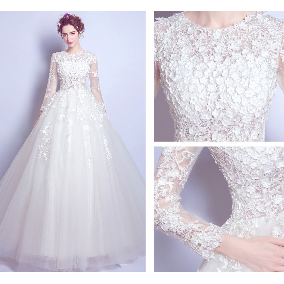 Lace Flower 3 4 Sleeve Slim Fit Wedding Gown Evening Dress