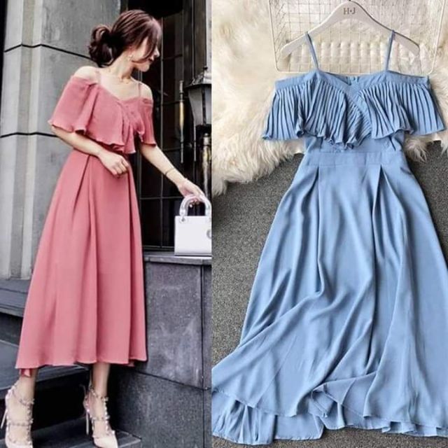 Fashionable Elegant Marimar Pleated Cold-offshoulder Maxi Casual Formal ...