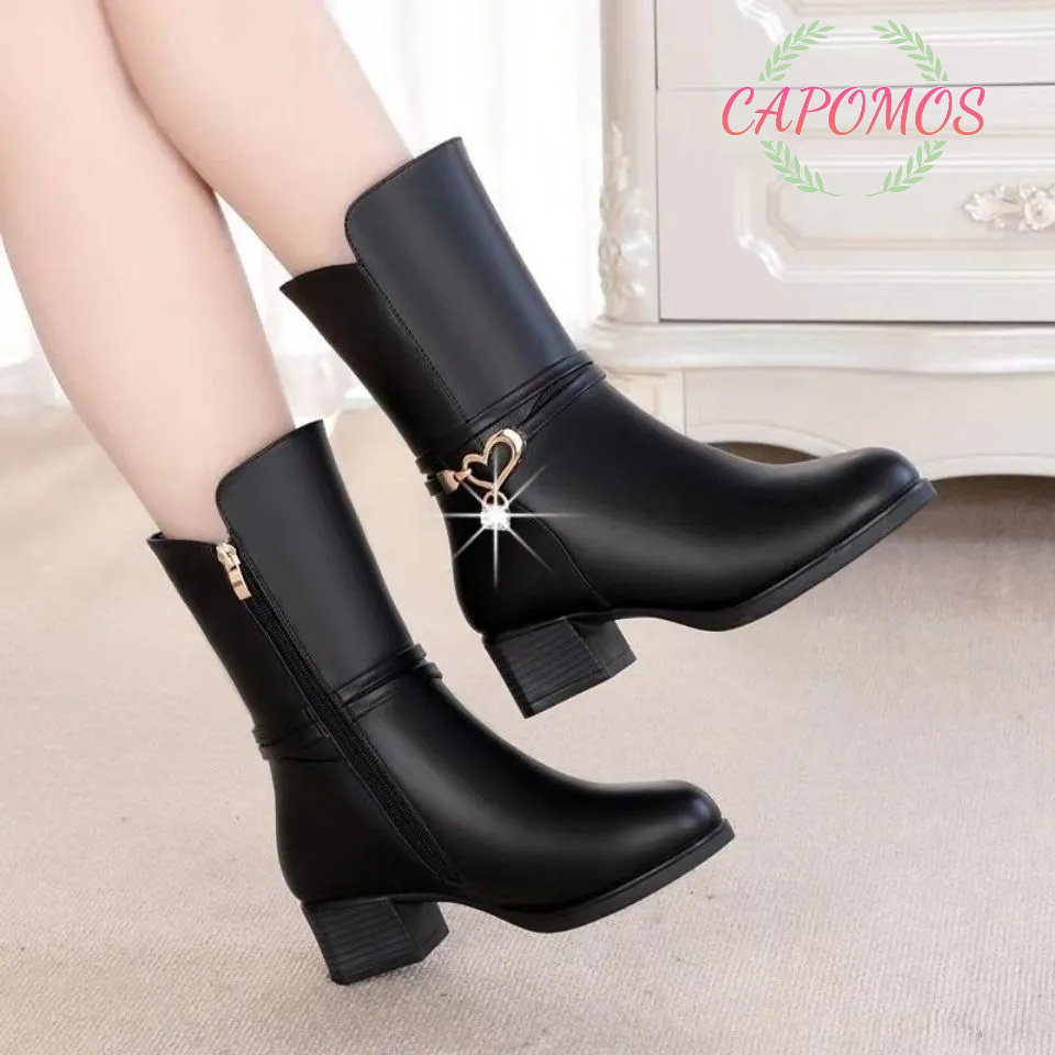 Capomos black leather boots 2022 new Korean real soft leather women's boots midlow heel retro