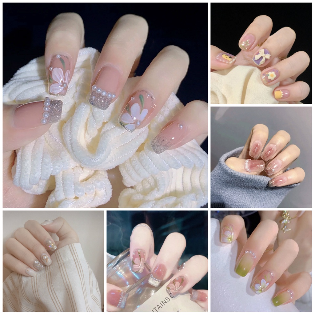 [Fake Nails] 24pcs Nails Fake Nail With Glue Short Fake Nails Pearl
