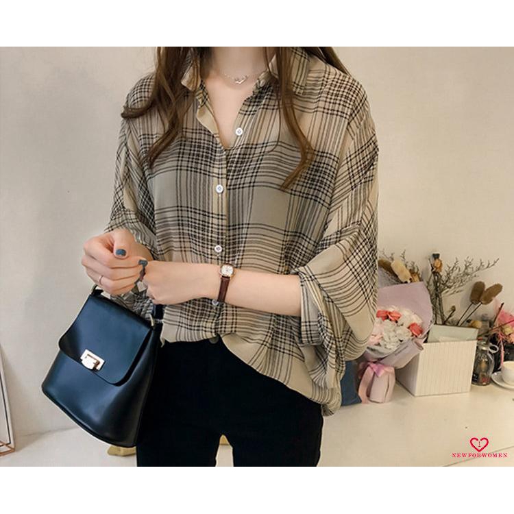 Nfw Women Plus Size Plaid Tops Blouse Long Sleeve Chiffon Shopee Philippines