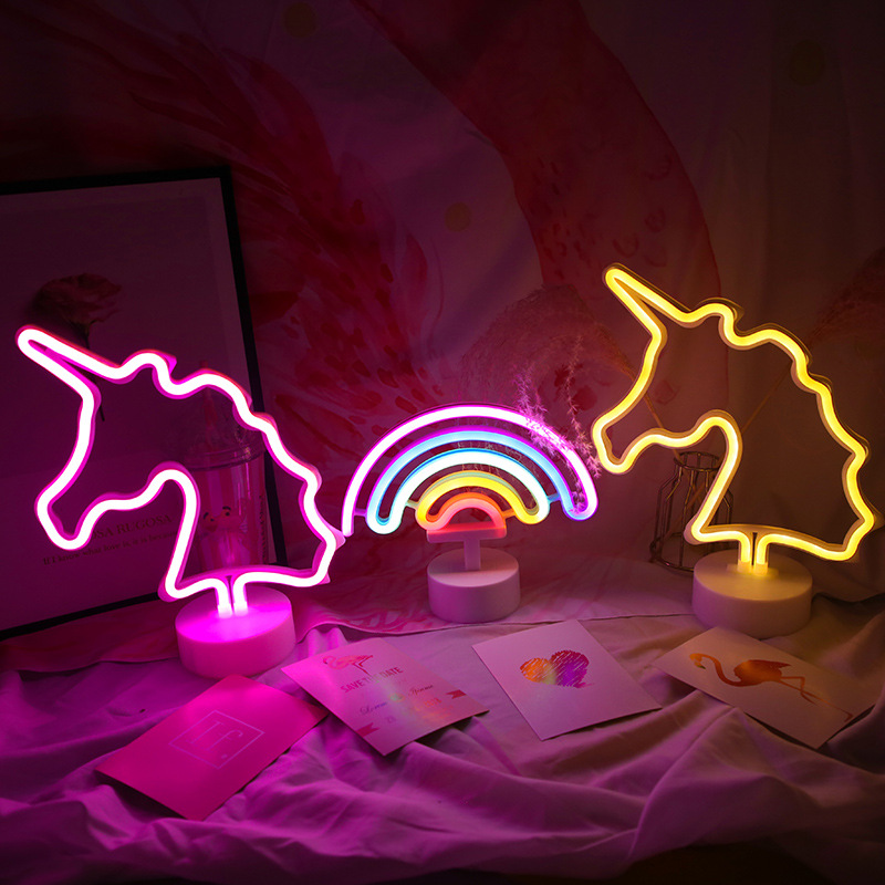 Rainbow Unicorn Neon Lamp Bedroom Stand, Neon Pink Unicorn Table Lamp