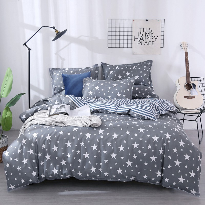Grey Bedding Set White Star Duvet Cover High Quality Flat Sheet