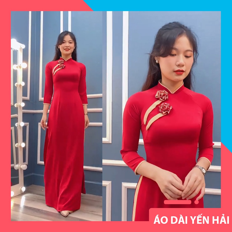 Traditional Thai Tuan Silk Ao Dai red with Flower design on the chest ...
