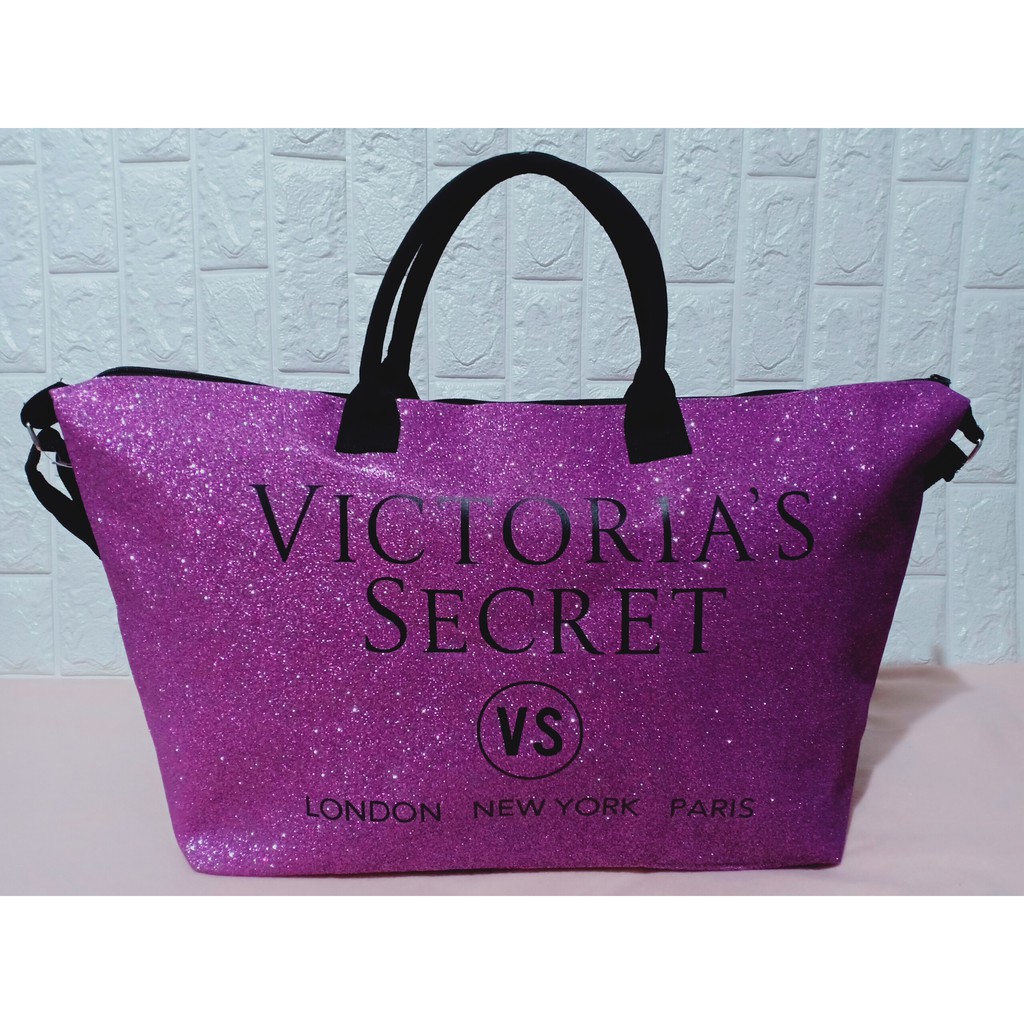 Victorias Secret Tote Bag Weekender Purple Sparkle Color Ivory Extra Large 