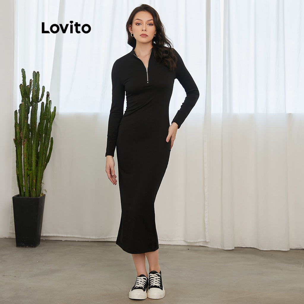 Lovito Casual Plain Zipper Maxi Dress L21EN028 (Black) | Shopee Philippines