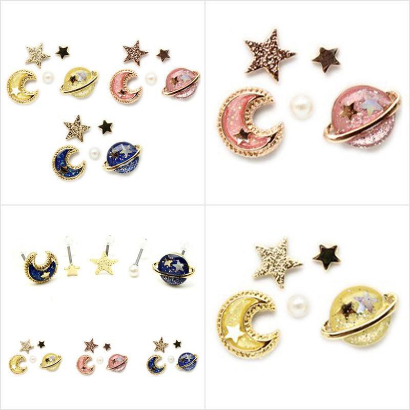 5PCS Moon Star Planet Stud Earrings Charm Ear Stud Lady Jewelry Birthday Gift/_Lq