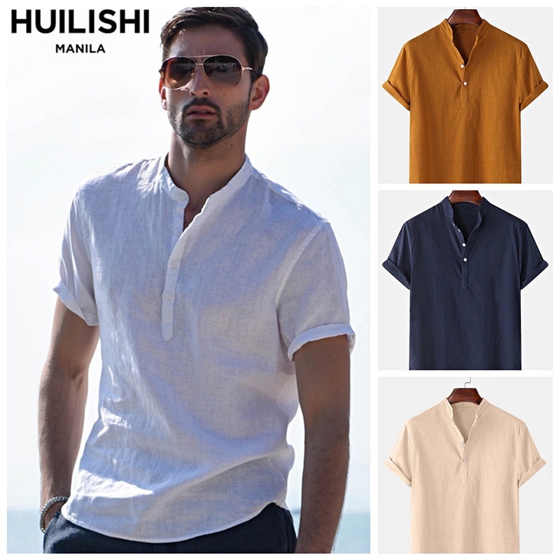 HUILISHI 9COLOUR Chinese Collar Men S Short Sleeved Cotton Shirt Polo   63935c74e89ee14adac4812b7f175c34