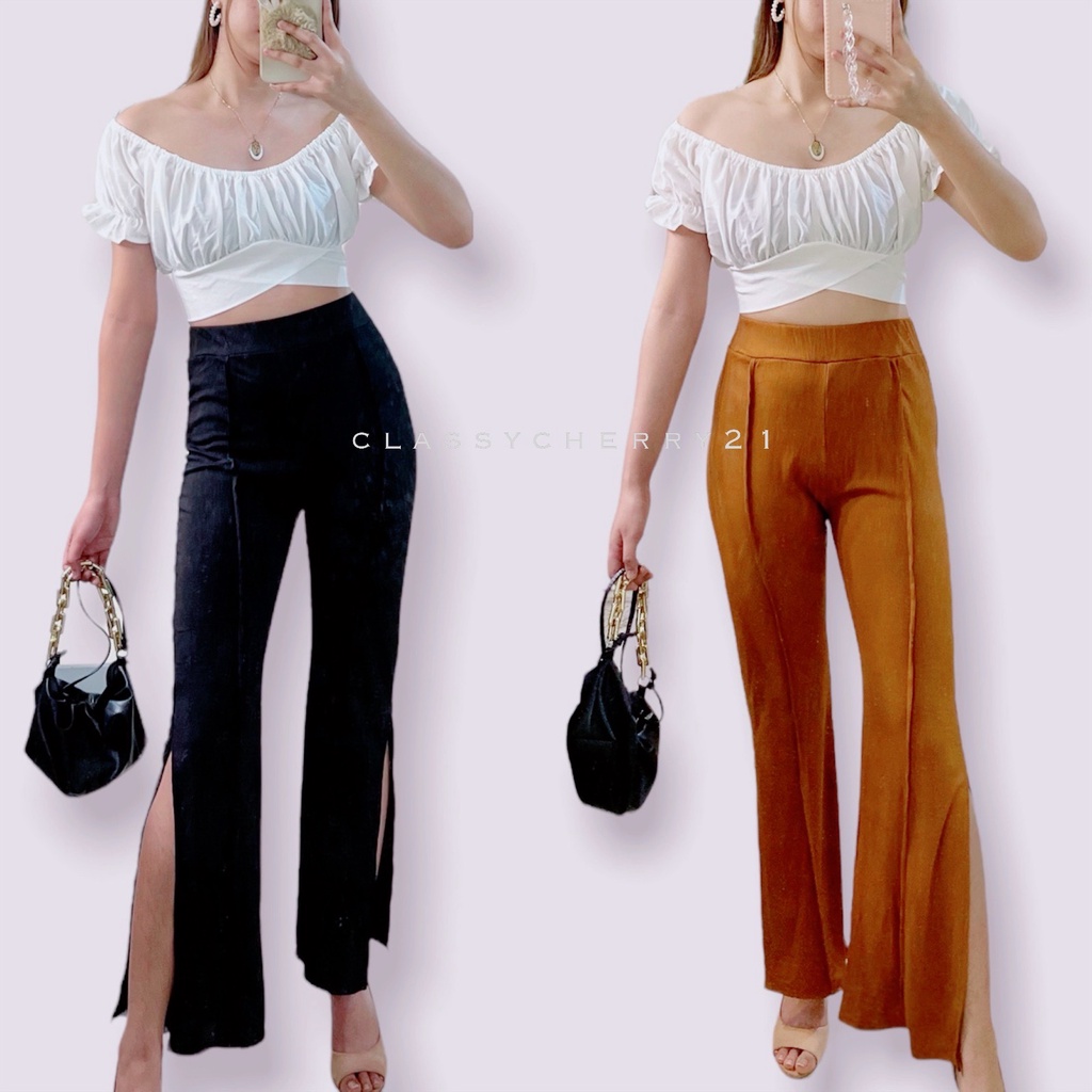 NEW TRENDY High waist Pants Flare Slit Garterized Bootleg Pants Vintage ...