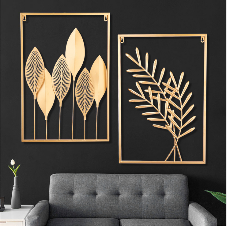 Metal Wall Decor with Square Frame, Metal Leaf Wall Art Decor Gold