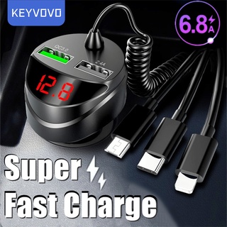 3 in 1 Car Charger 3.4A Dual USB Charger With Spring Cable Dual USB Fast Charger Car Charging LED Display