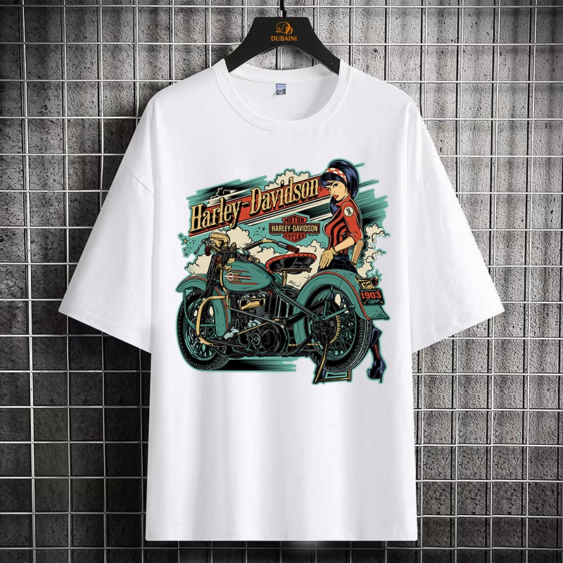 Mashoo korean fashion Round neck Tees Harley Davidson Hip Girl Graphic Printed t-shirt  oversized tshirt for men women vintage clothes Streetwear tops clothing t shirt
