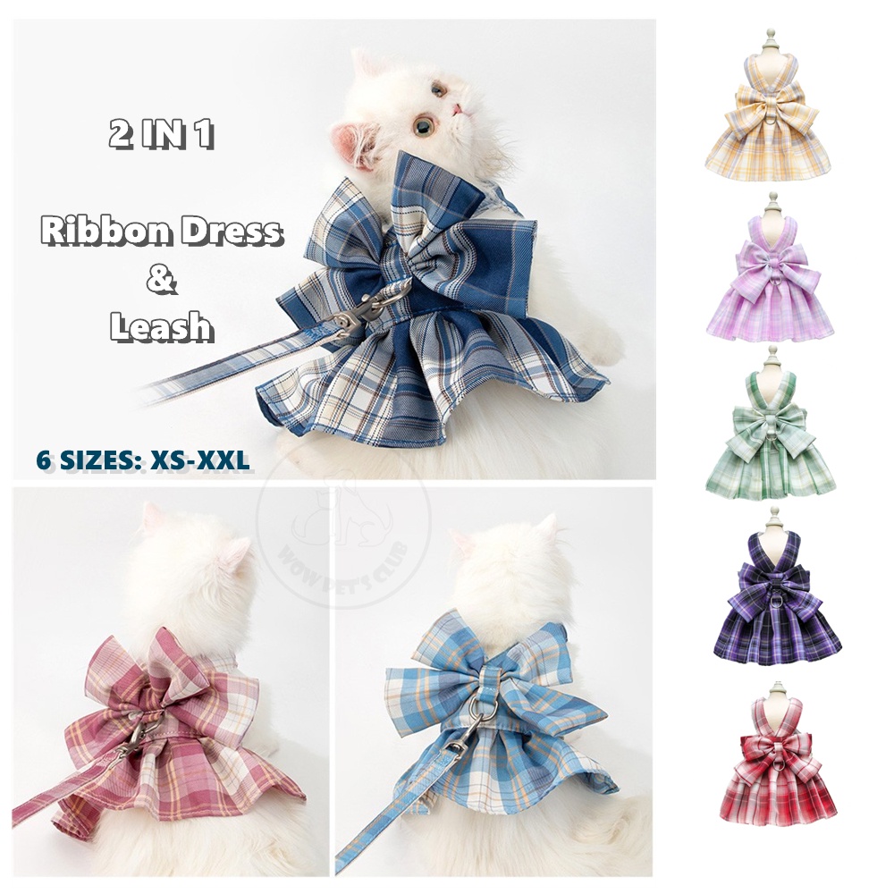 Ribbon Skirt Leash Pet Dog Cat Dress Clothes Plaid Princess