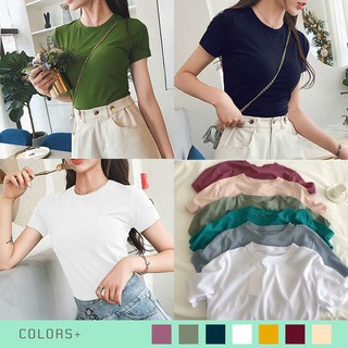 plain solid color cotton spandex shirt women top tee blouse tshirt round neck short sleeves B038 #8