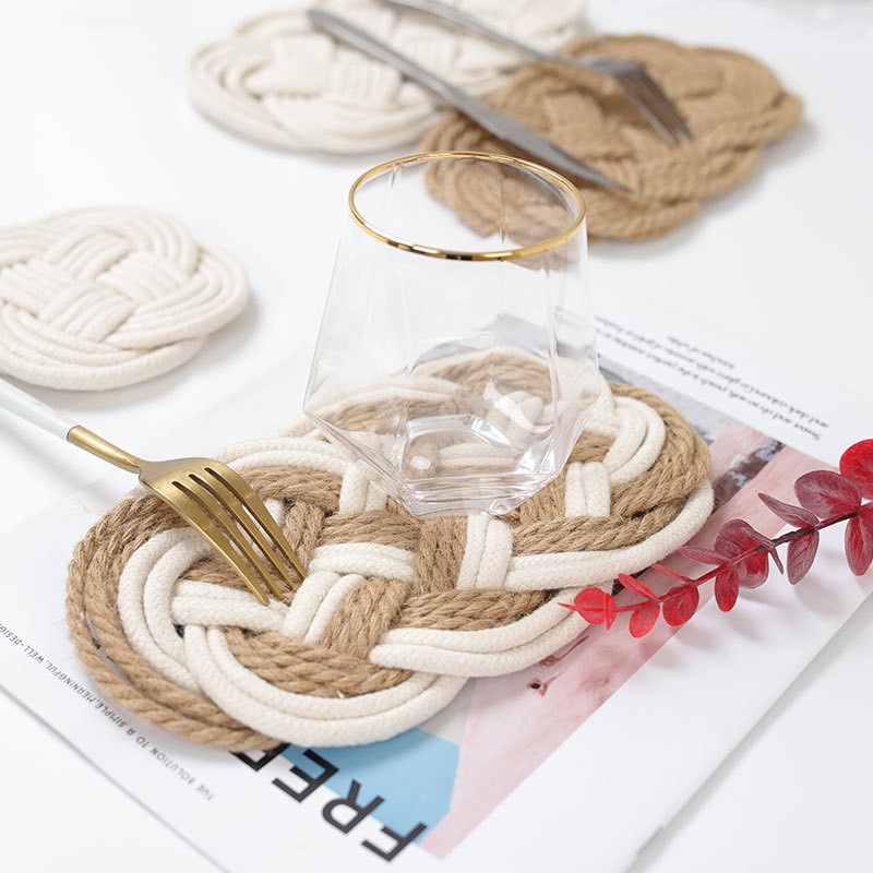 2Pcs Braided Coasters(Round+Oval) Heat-Resistant Brown+White
