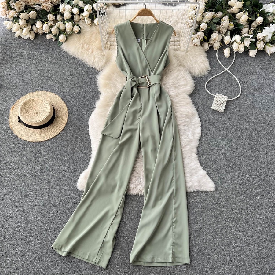 Fashion V Neck Sleeveless Jumpsuit for Women Korean Jumpsuits with Belt ...