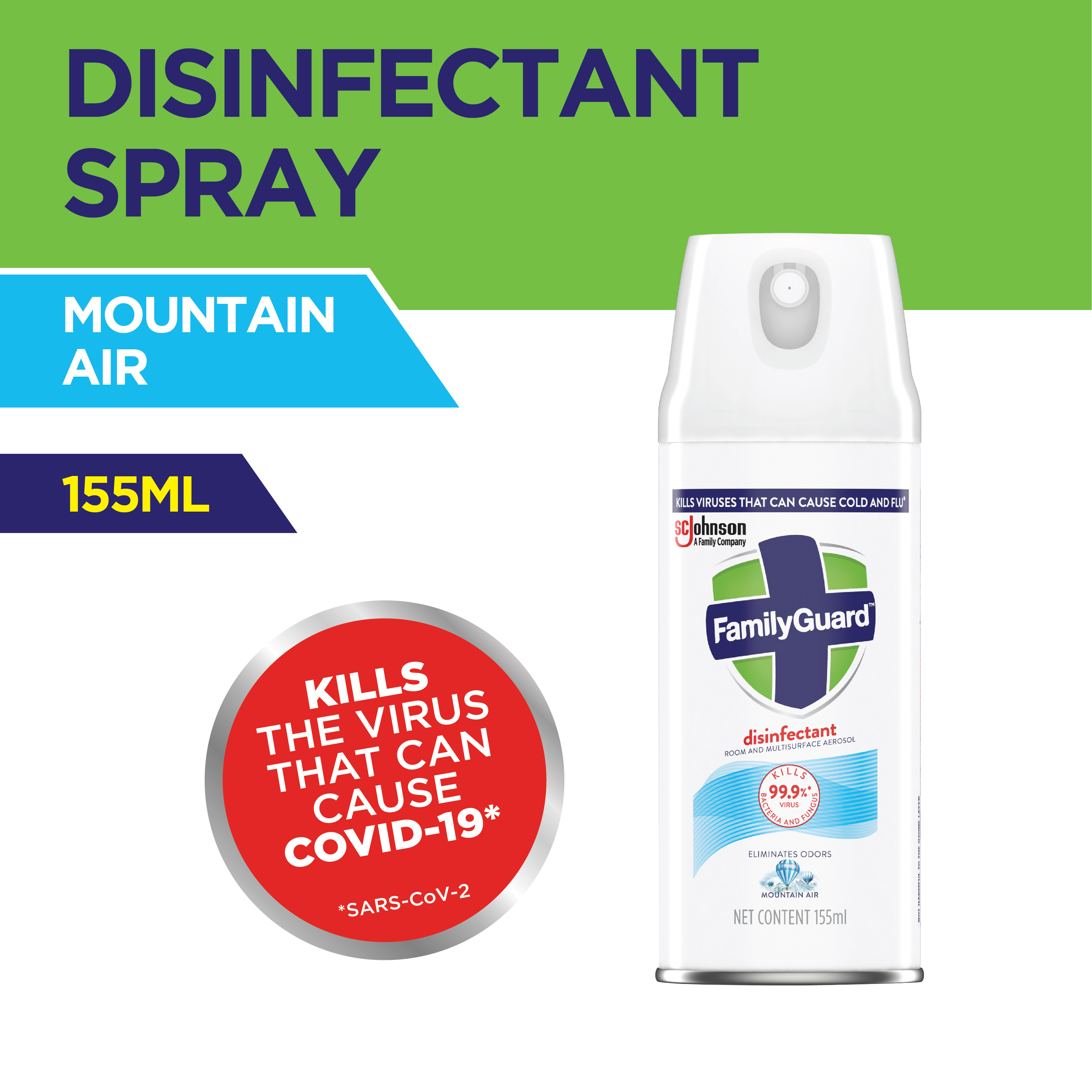 FamilyGuard Disinfectant Room & MultiSurface Spray Aerosol Mountain Air 155ml BeeCost