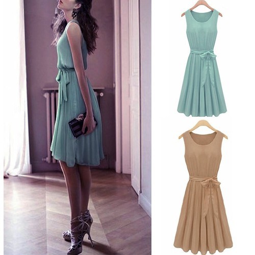 Women S Elegant Summer Casual One Piece Dress Knee Length Vest Sleeveless Chiffon Pleated Dress Shopee Philippines