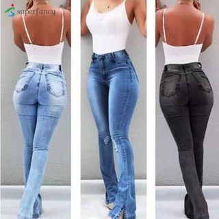 high waisted denim flare pants