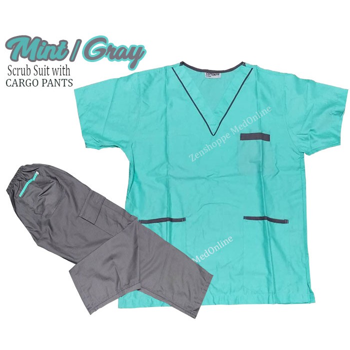 Scrub Suit Set with Cargo Pants (Mint Green / Gray) [LCC] Shopee