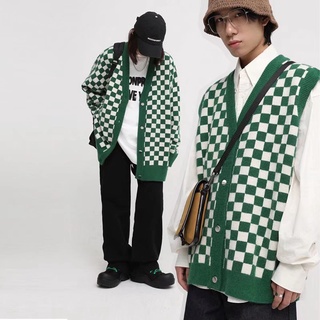 Green Checkerboard Top Men's Fashion Knit Cardigan Sweater Loose Breasted Casual V-neck Sweater Jacket