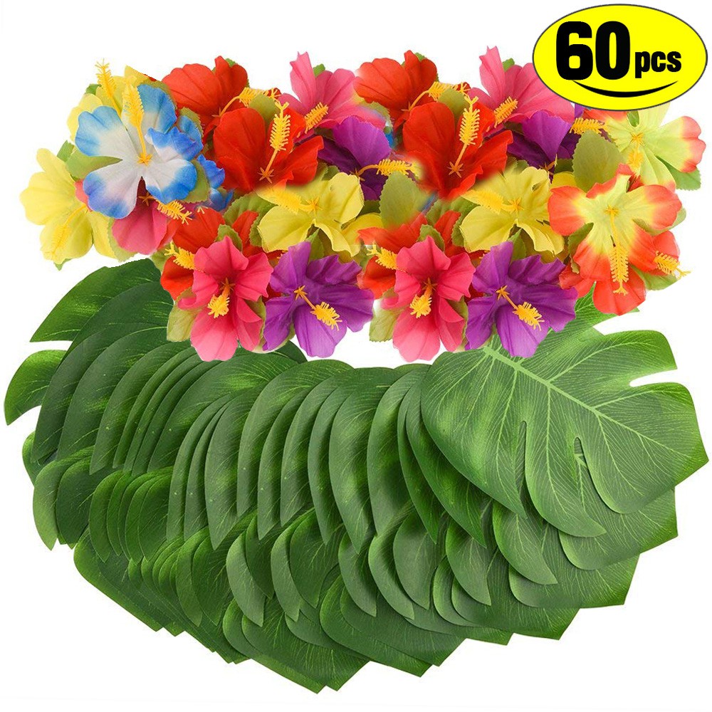 60 Artificial Flowers Tropical Palm Leaves And Silk Hibiscus Flowers Party Decor Shopee Philippines