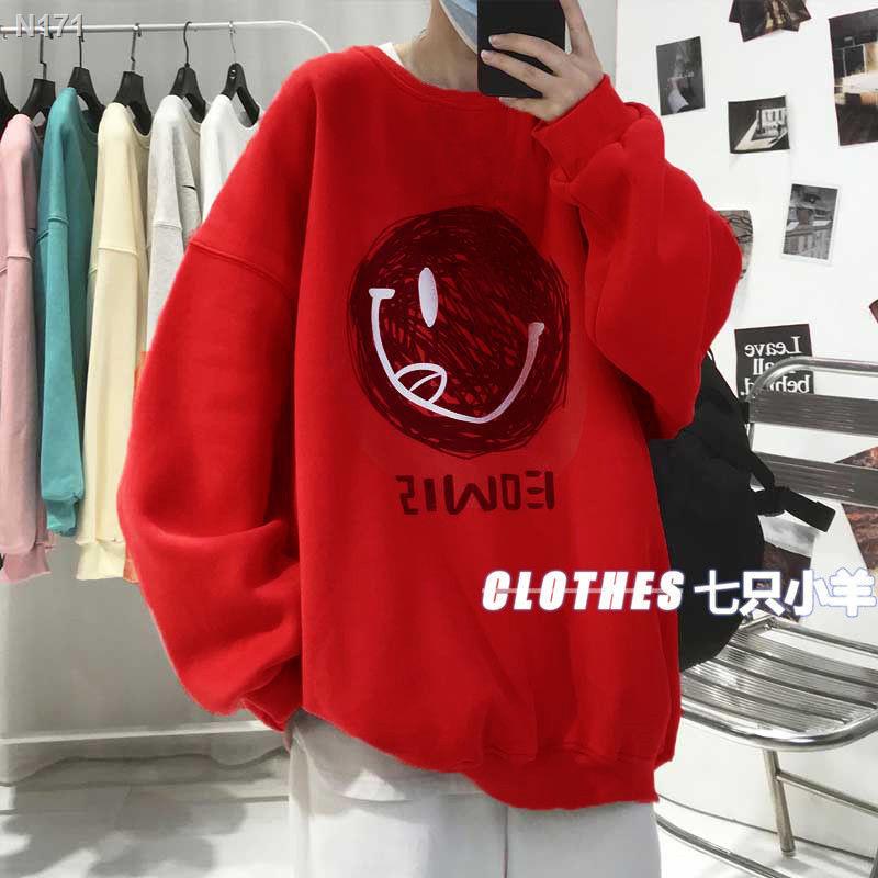 【Lowest price】Winter natal year red sweater women plus velvet thick round neck sweater men s trendy