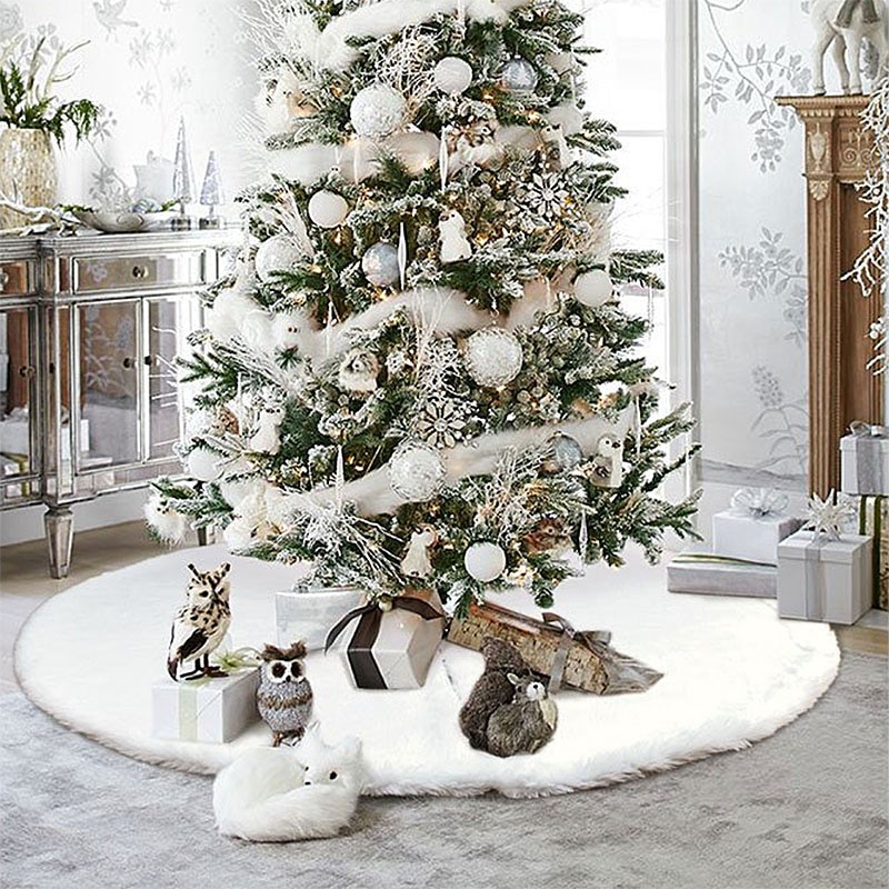 Fluffy Furry Christmas Tree Skirt Xmas White Plush Floor Carpet Rug Decors Plush Skirt Base Cover Decoration Tree Skirt with Round Trim Xmas Decorations 1pc 