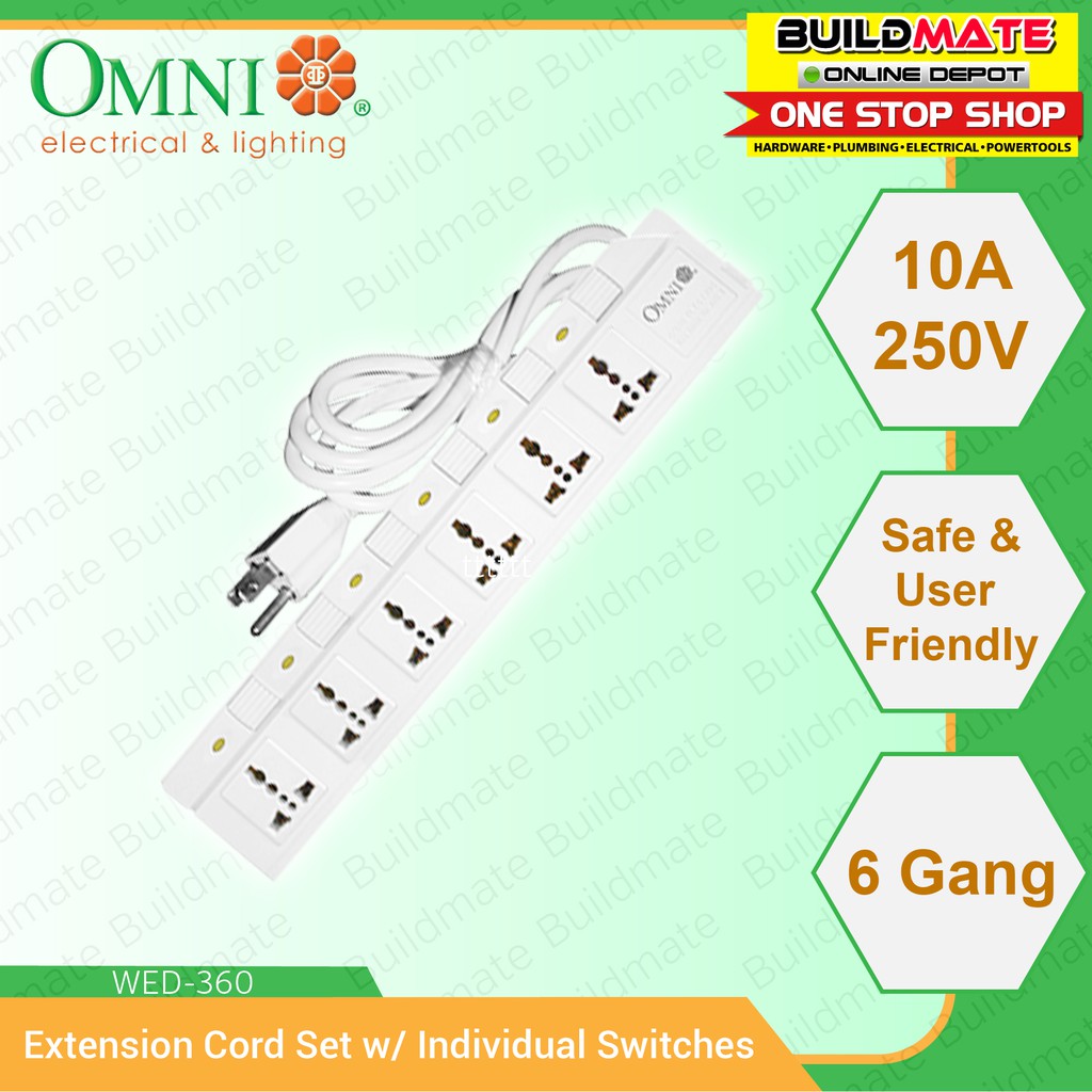 Omni Extension Cord 6 Gang Outlet With Swtich Wed360 Wed 360 Surge Protector Shopee Philippines