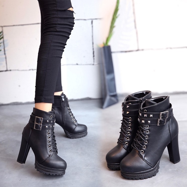 black high block heel ankle boots
