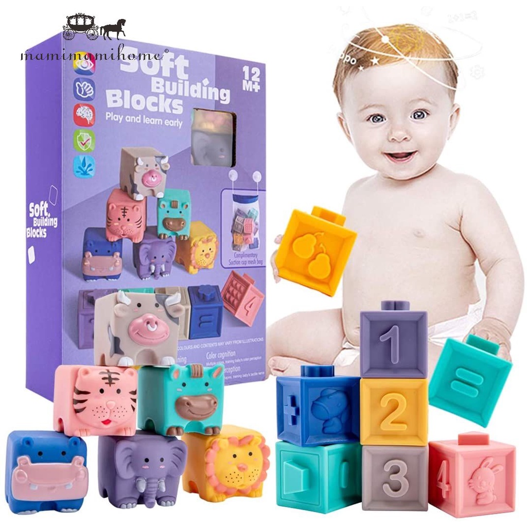 Baby Toy Blocks Soft Stacking Blocks for Babies 6 BPA-Free Month Baby Building Teething Toys Infant Montessori Toys with Numbers Shapes Textures Animals 12PCS 