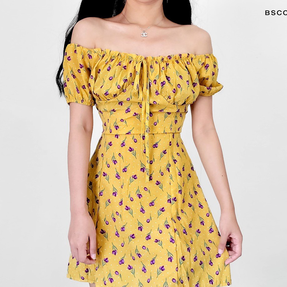 yellow off shoulder dress with floral design