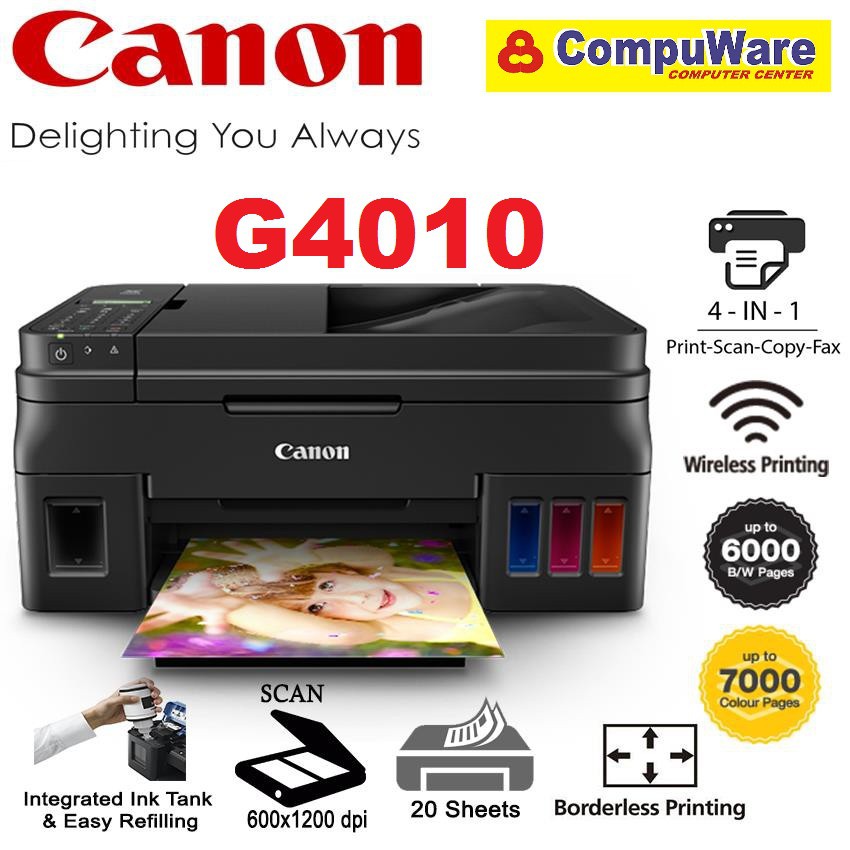 Canon PIXMA G4010 Refillable Ink Tank Wireless AllInOne with Fax