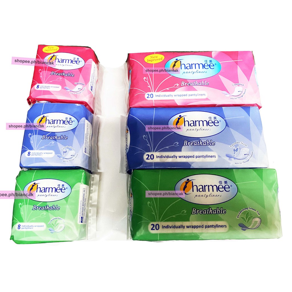 CHARMEE BREATHABLE PANTYLINER 8s 20s UNSCENTED GREEN TEA LAVENDER LINER