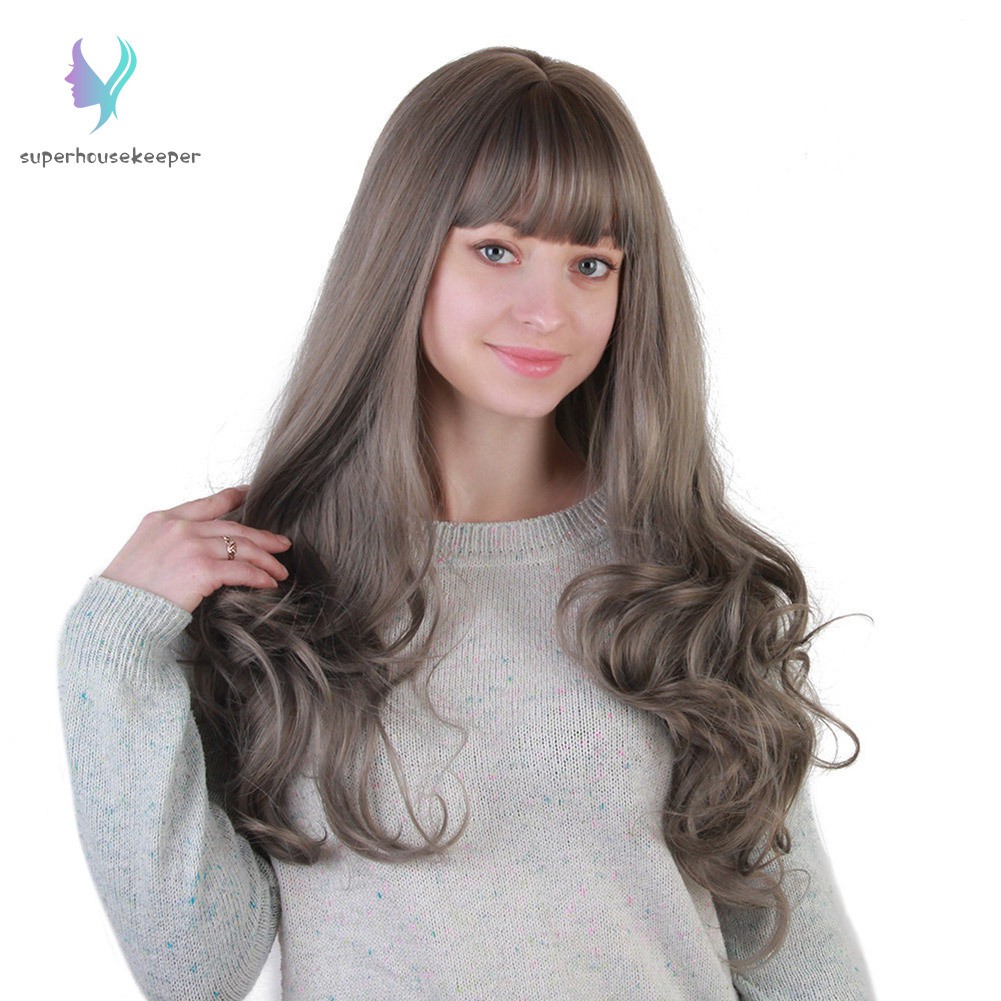 Women Wavy Wig Long Hair Gray Color Big Curl Blunt Bangs